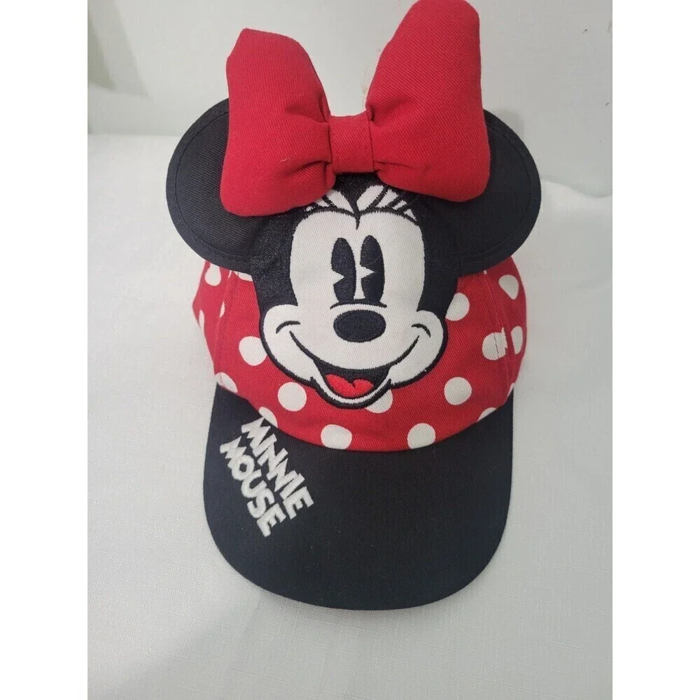 Disney Girls Hat Minnie Mouse  Ears Red Bow Embroidered Logo Black Polka Dots